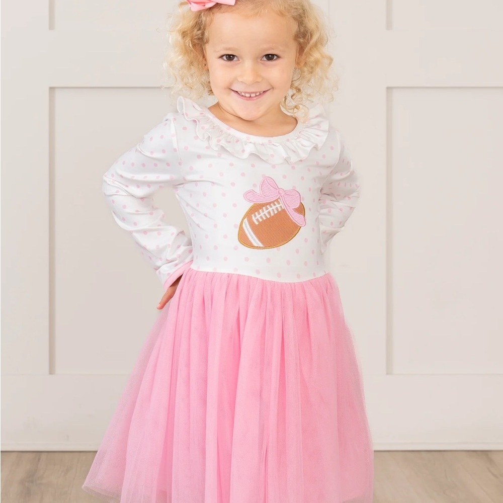 NWT Marie Nicole Girls Size 5 or 6 Pink White Kids Football Long Sleeve Dress - Picture 2 of 6